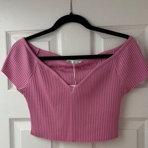 Zara Pink Ribbed V-Neck Crop Top